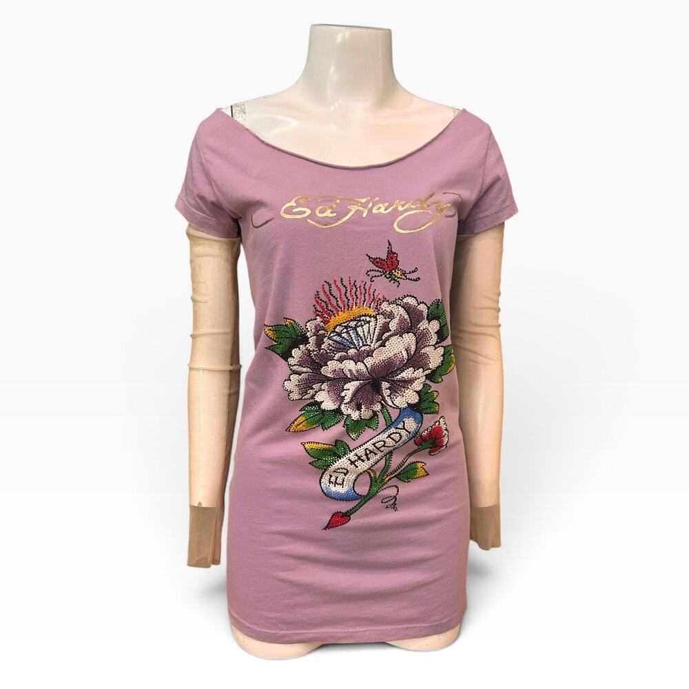 Y2K Ed Hardy Christian Audigier Rhinestone Rose Mesh Sleeve Long Tunic Top SM -